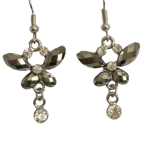 Vintage Metallic Gray Butterfly Earrings Silver Tone Crystal Acrylic Drop Dangle - Picture 1 of 7